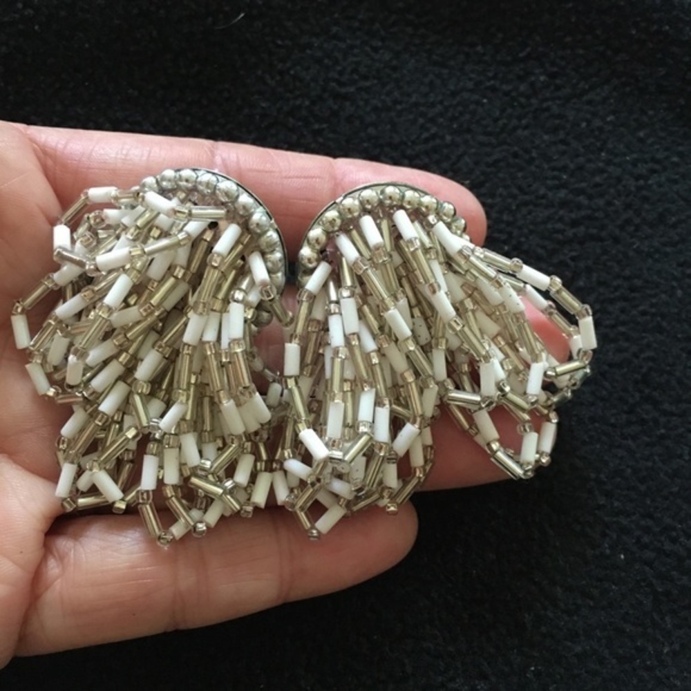 Vintage White Silver Beads Clip On Tassel Earrings